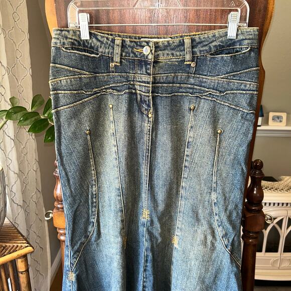 Vtg 90s BISOU BISOU Blue Faded Stretch Cotton Denim Mermaid Maxi Skirt 10 - Picture 2 of 11